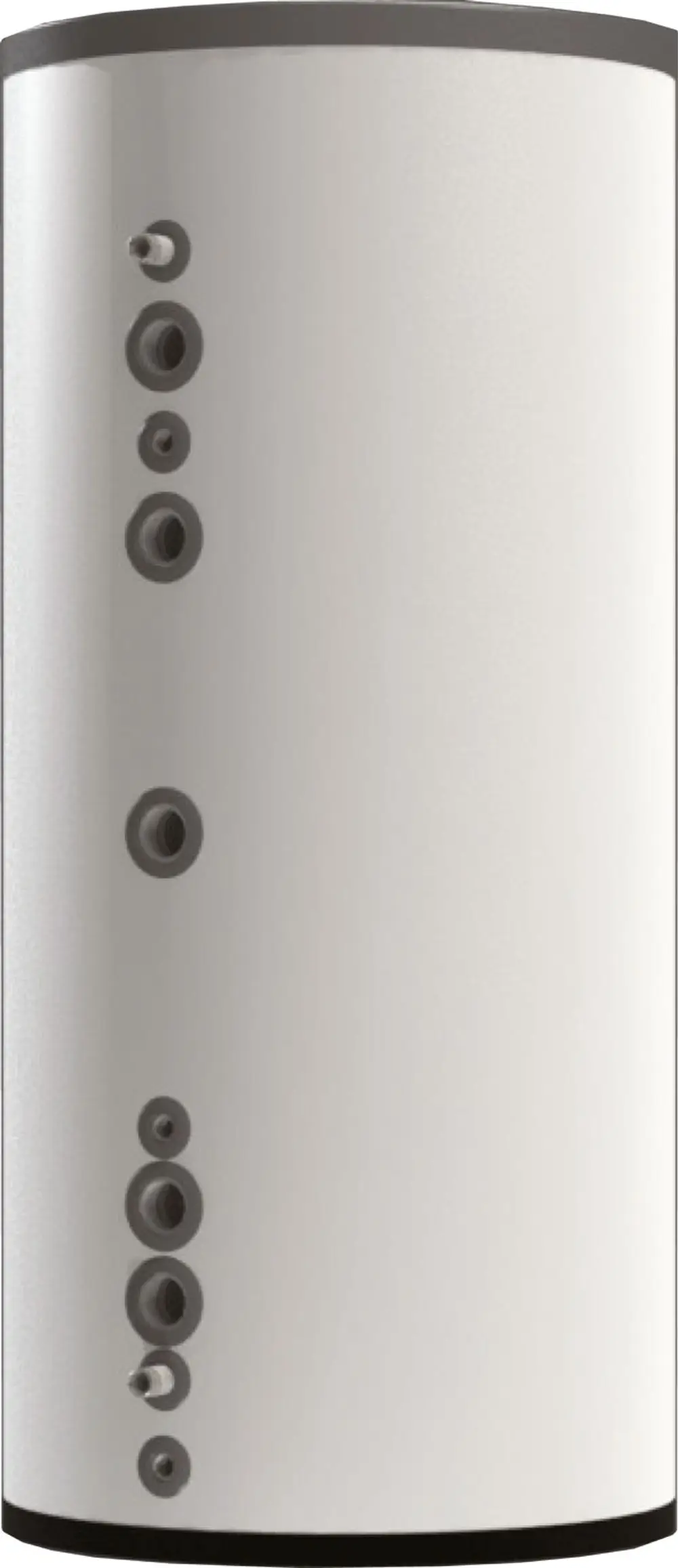 Weißer Wärmepumpenspeicher mit mehreren Anschlüssen, montiert an einer glatten Oberfläche. Produktlink zu Bosch ersichtlich.